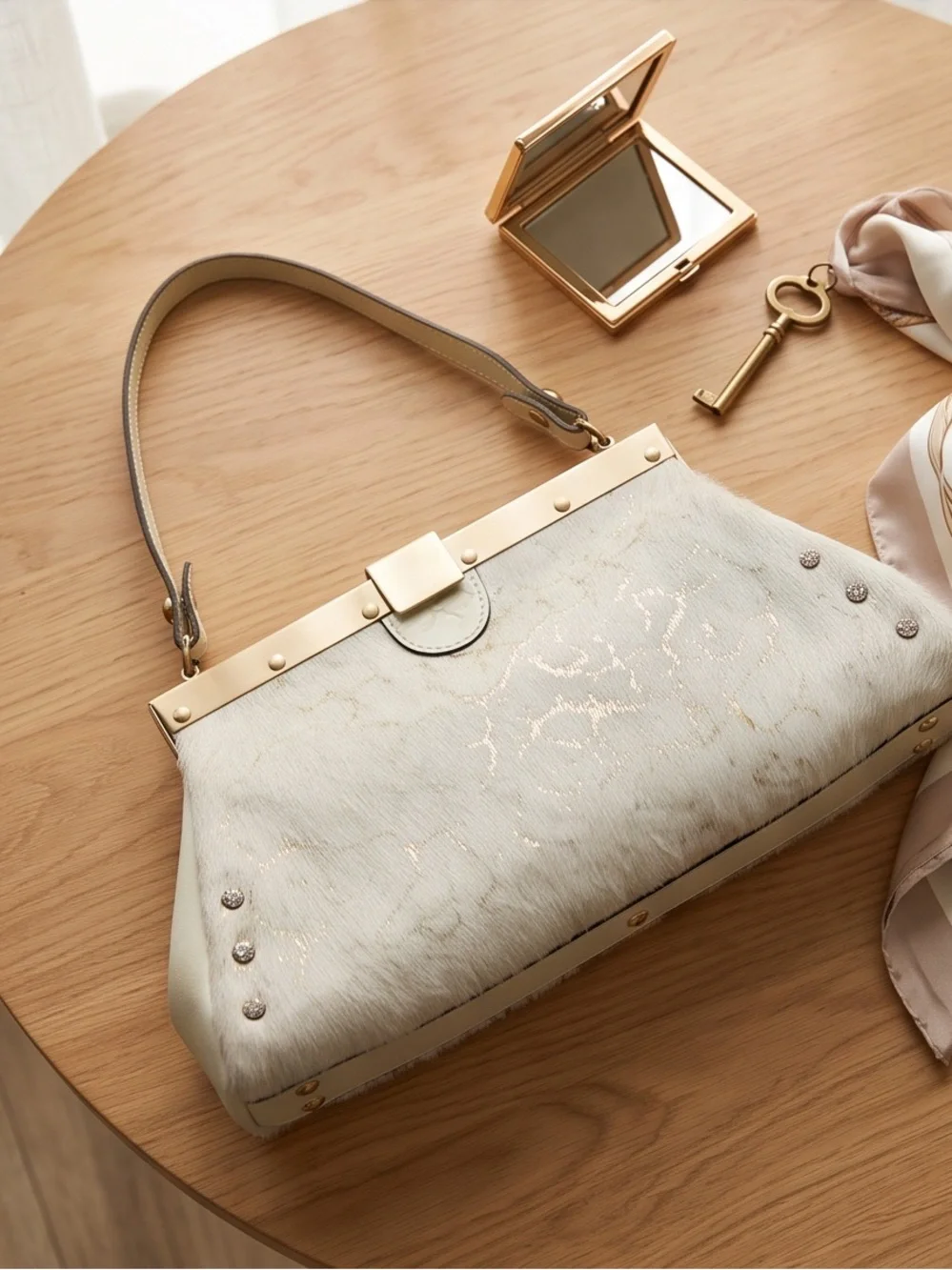 Patricia Nash Cream Haircalf Shoulder Bag with Gold Hardware